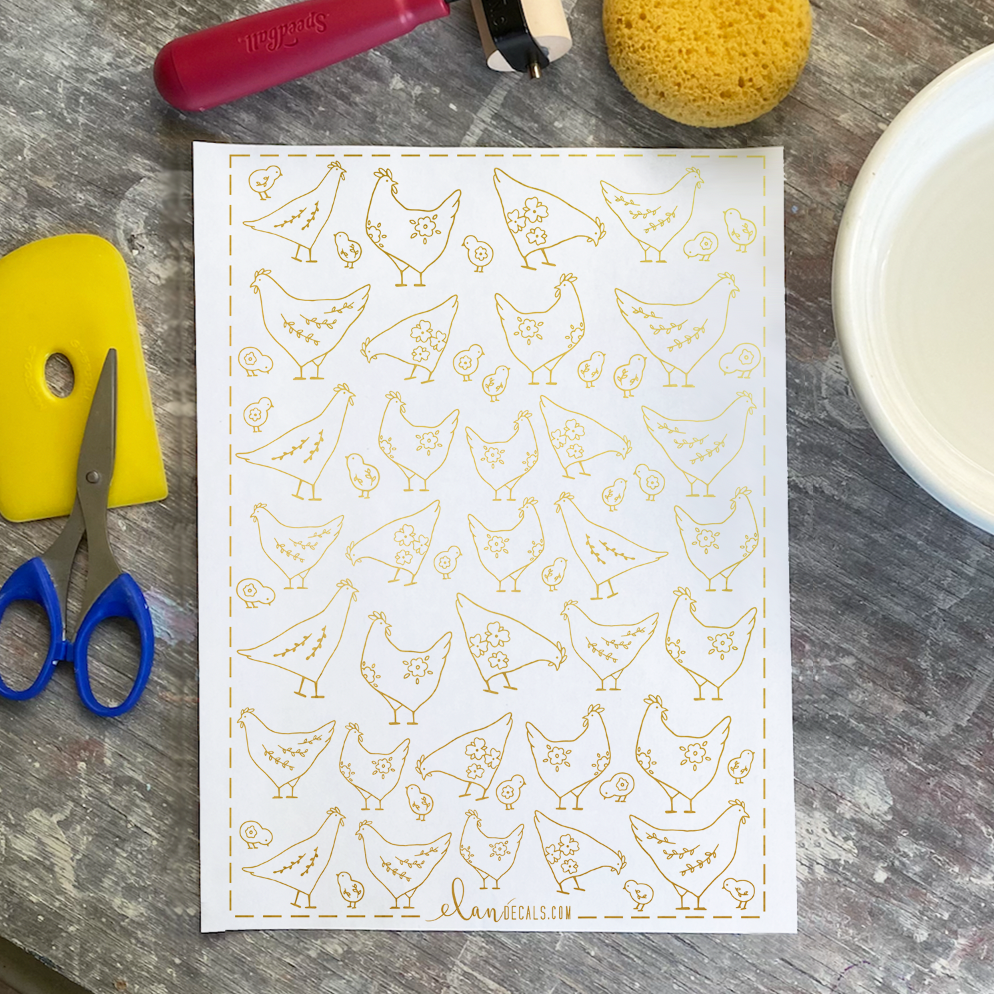 Chickens - 24K GOLD - Overglaze Decal Sheet